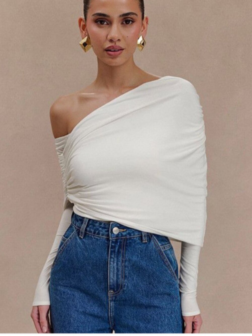 MESHKI Corinna Modal One Shoulder Top Ivory Long Sleeve Draped XS NWT